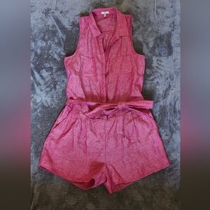 Joie Belted 100% Linen Romper, Pink, Pockets, Sleeveless, Summer, Spring Sz LARG